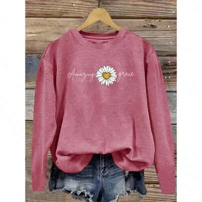 Casual Long Sleeve Round Neck Top - Vintage Daisy and "Amazing Grace" Print by SHEIN