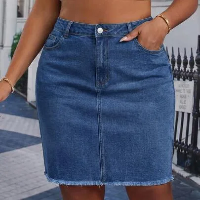 Versatile Pocket Frayed Hem Denim Mini Skirt by Slaydiva