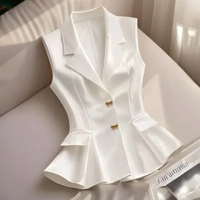 French V-Neck Precision Bow Buttoned Sleeveless Waisted A-Line Blazer by Franclia