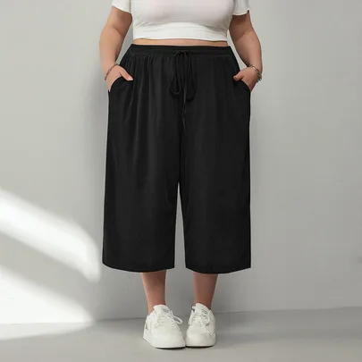 Lightweight Rib Knit Casual Formal Pants with Pockets Drawstring Waist Loose Fit by SHEIN