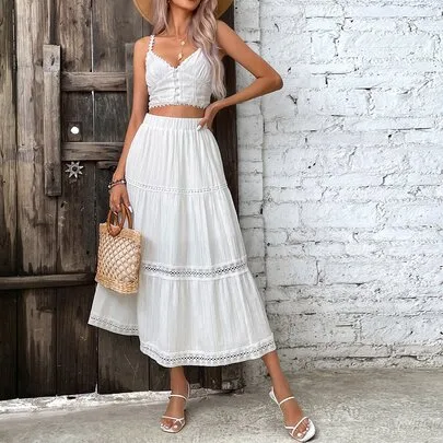 Contrast Lace Ruffle Hem Maxi Skirt by Breezaya