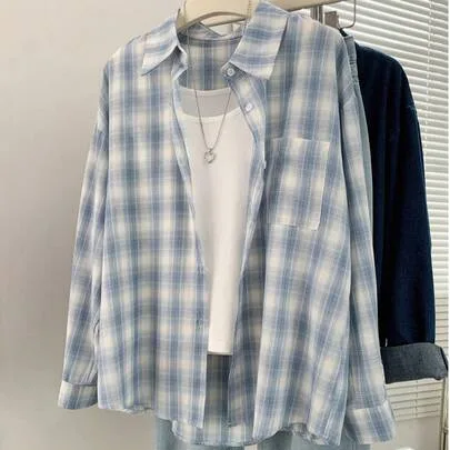 Plaid Vintage Loose Casual Long Sleeve Blouse Jacket by SHEIN