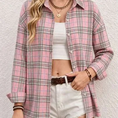 Plaid Flannel Long Sleeve Oversized Casual Button Down Boyfriend Tops Soft Shirt