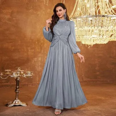 Stand Collar Waist Twist Beaded Elegant Long Lantern Sleeve Color Blocking Dress by Elisanya