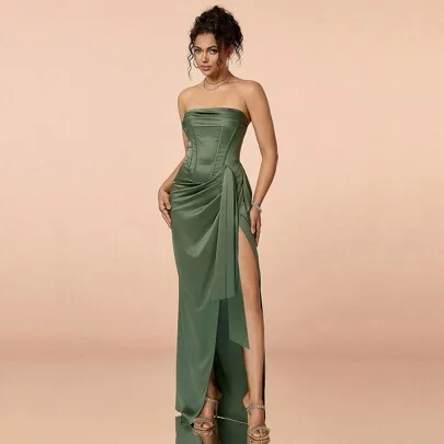 Ruched Split Thigh Satin Tube Prom Dress by Elisanya