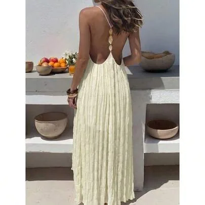 Solid Color Backless Pleated Dress by SHEIN