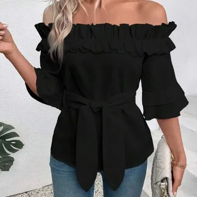Off Shoulder Ruffle Trim Casual Shirt by EMERY ROSE