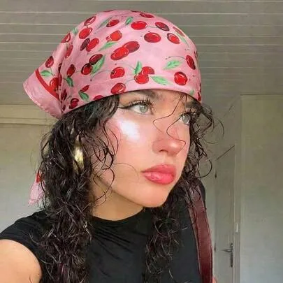 Cherry Print Silk Satin Square Scarf Multifunctional Headband by SHEIN