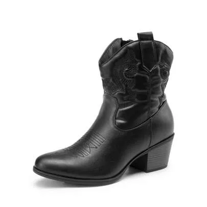 Western Cowboy Cowgirl Embroidered Ankle Boots with Low Chunky Heel Round Toe Short Booties