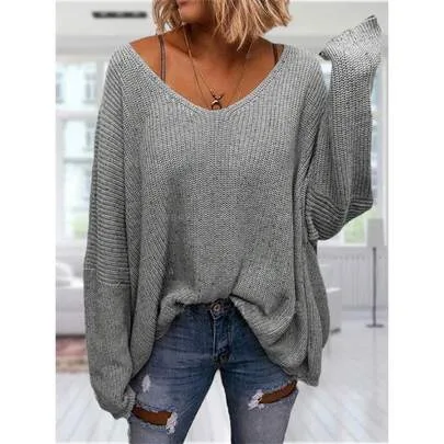 Oversized V Neck Knit Sweater Long Sleeve Pullover