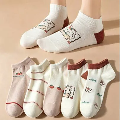 5 Pairs Cute Low-Cut Short Socks Cartoon Casual Preppy Style by SHEIN