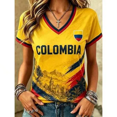 Colombia Flag & Brushstroke Soccer T-Shirt - 3D Print V-Neck Tee by SHEIN