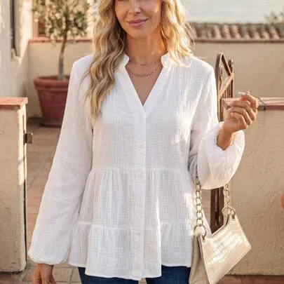 Notched Neckline Lantern Sleeve Ruffle Hem Smock Blouse Peplum Top by EMERY ROSE
