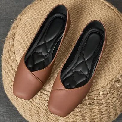 French Soft Bottom Flat Slip-On Shoes, Square Toe Soft Granny Flats by WHDXY
