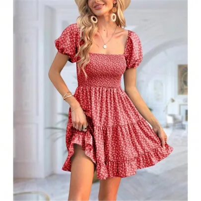 Boho Puff Sleeve Square Neck Smocked Babydoll Mini Dress Off Shoulder Floral Ruffle Dress by Wenrine
