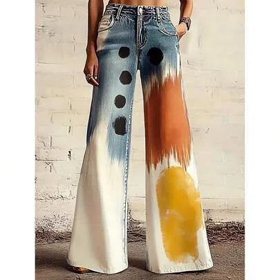 Y2K Tie Dye Print Wide Leg Flare Pants, High Waist Gradient Color Block Pants by SHEIN