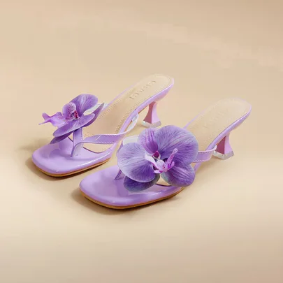 Square Toe Floral Decor Flip Flops by Glizzene
