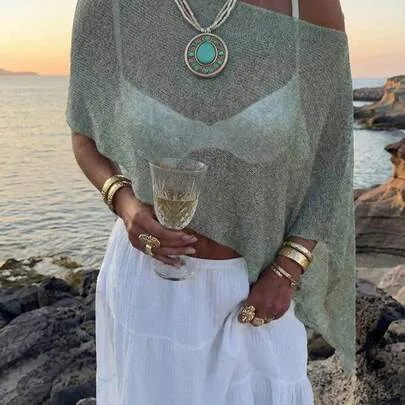 Shiny Lightweight Textured Solid Color Hollow Knit Cropped Top with Batwing Sleeves by SHEIN