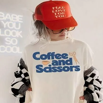 Cotton Round Neck Short Sleeve Coffee and Scissors Graphic Tee by SHEIN
