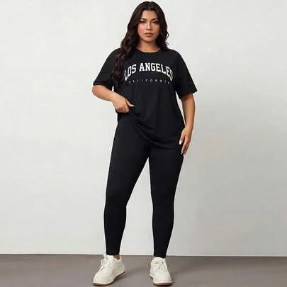 2pcs/Set Letter Print T-Shirt and Leggings Set by Enliva