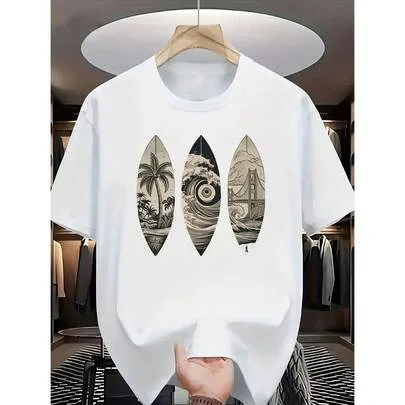 Surfboard Shaped Coconut Tree Wave Golden Gate Bridge Print Crew Neck Short Sleeve T-Shirt by SHEIN