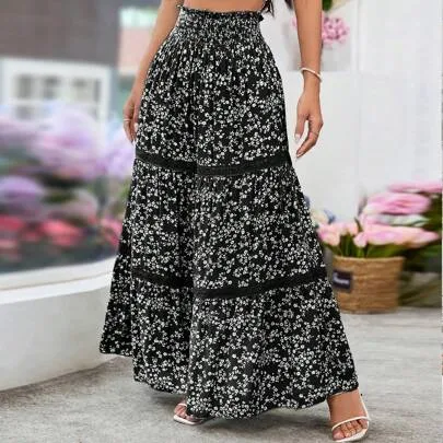 Ditsy Floral Contrast Lace Hem Maxi Cake Skirt by Breezaya