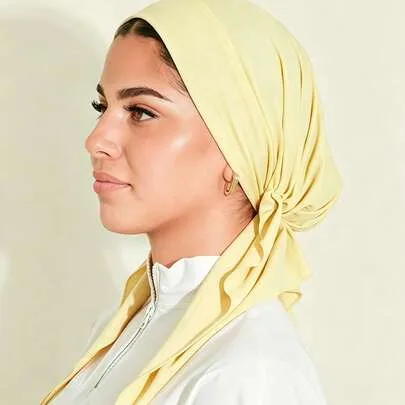 Solid Color Ribbon Hijab Cap Wide Brim Curved Turban Hat by SHEIN
