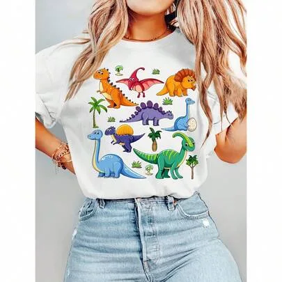 Dinosaur World Print Round Neck Cartoon Short Sleeve Shirt