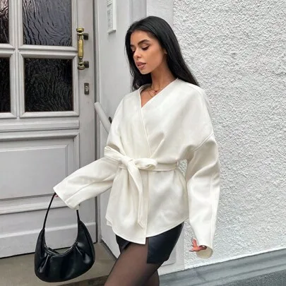 Solid Color Front Tie Long Sleeve Jacket by EMERY ROSE