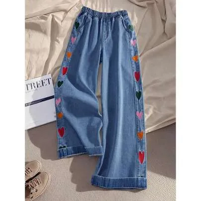 Colorful Heart Embroidered Wide Leg Jeans by SHEIN