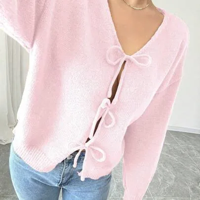 Solid V-Neck Front Tie Knit Long Sleeve Cardigan by Rafferiza