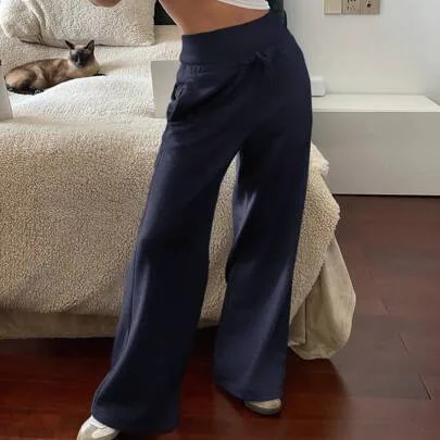 Casual Sports Solid Color Relaxed Fit Drawstring Waist Long Pants Sweatpants by DAZY