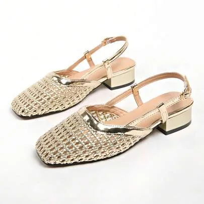 French Square Toe Hollow Woven Thick Heel Closed Toe Sandals Vintage Leather Chunky Heels by SHEIN
