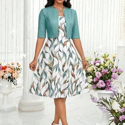 Leaf Print Dress and Solid Color Cardigan Casual Elegant 2 Pieces Set by SHEIN