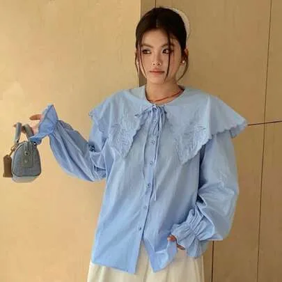 Loose Fit Peter Pan Collar Embroidered Long Sleeve Casual Blouse by DAZY