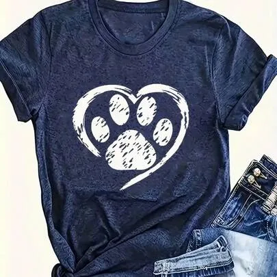 Cotton Blend Short Sleeve T-Shirt Heart and Cat Paw Print Design Round Neck