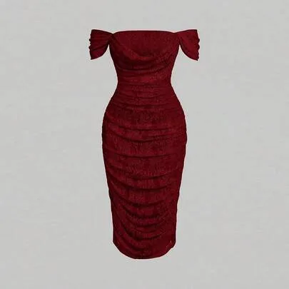Off Shoulder Ruffle Lace Waist Cinching Cocktail Party Dress by SHEIN