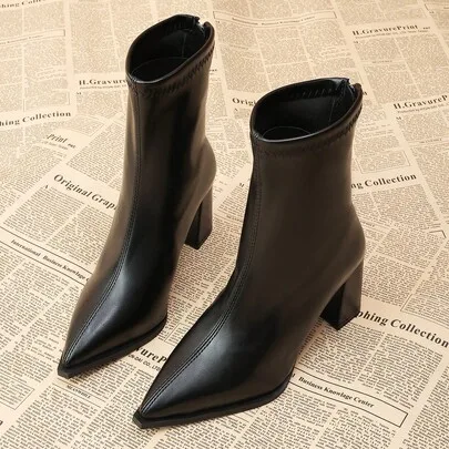 High Heel Ankle Boots French Style Pointed Toe Chunky Heel Premium Slim Fit Boots with Back Zipper by SHEIN