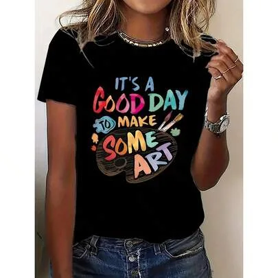 Its a Good Day to Make Some Art T-Shirt Painters Palette & Paintbrush Design Casual Round Neck Short Sleeve by SHEIN