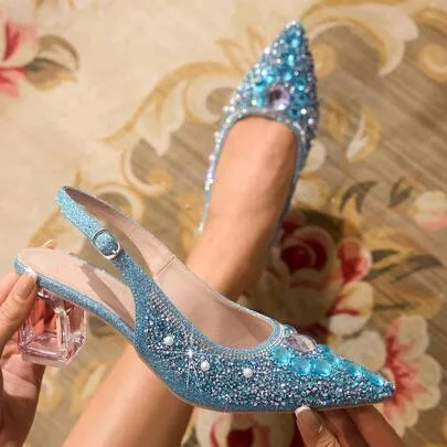 Crystal Heel Glass Rhinestone Pointed Toe High Heel Pumps