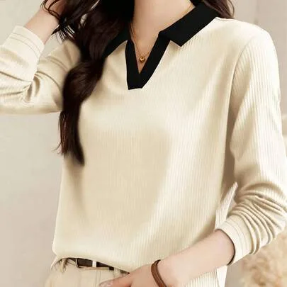 Turndown Collar Long Sleeve Polo Shirt by SHEIN