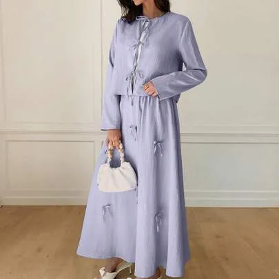 Elegant Knot Front Long Sleeve Top and Skirt Linen 2 Pieces Set by Solavon