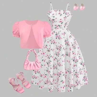 Silky Floral Print Slip Dress & Bolero Knit Top 2 Pieces Set Maxi Dress Set by Franclia