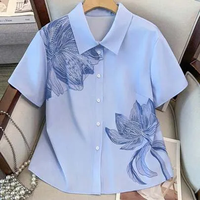 Floral Print Shirt Asymmetric Floral Print Loose Fit