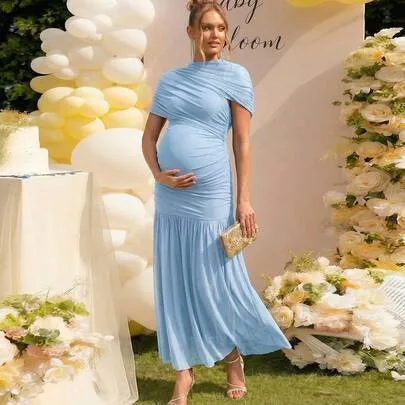 Maternity Solid Color Pleated Ruffle Hem Elegant Dress by Loomaby