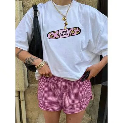 Letter & Skateboard Print Loose Round Neck Short Sleeve T-Shirt by SHEIN