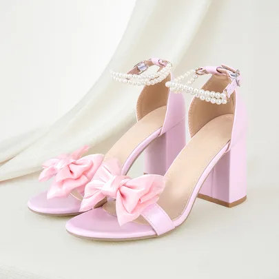 Faux Pearl Bow Peep Toe High Heels by Clariva
