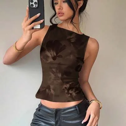 Backless Bow Tie Round Neck Tie Dye Floral Print Sleeveless Blouse by Aloruh