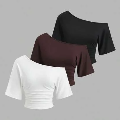 Ruched Shoulder Short Sleeve Tee 3-Piece Set by Sweetra