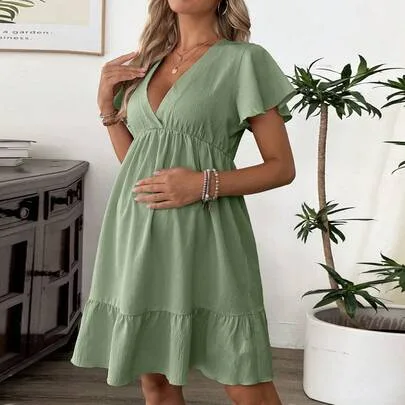 V-Neck Ruffle Trim Maternity Midi Dress with Puff Sleeves by SHEIN